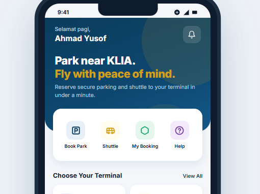 Shuttle Beta customer app: booking flow with terminal selection and live status