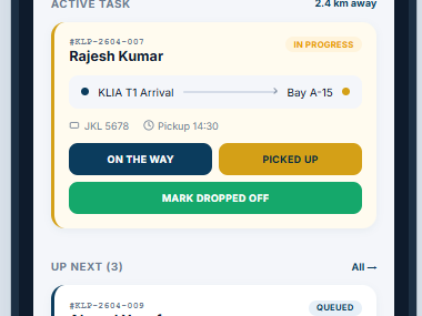 Shuttle Beta driver app: active task and one-tap status updates