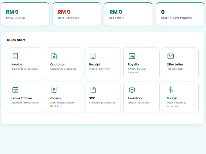 UrusKu dashboard: income, expenses and quick-start modules in a bilingual interface