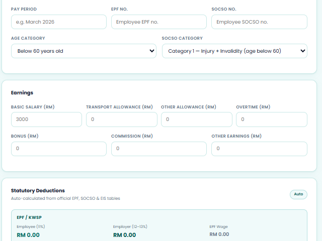 UrusKu payroll: EPF, SOCSO and EIS statutory deductions auto-calculated from official tables